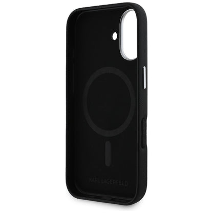MagSafe Case for Apple iPhone 16, Karl Lagerfeld, Saffiano Full Wrapped Elongated Metal Logo, Black