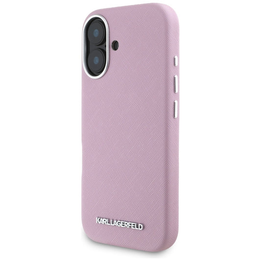 Etui MagSafe dla Apple iPhone 16, Karl Lagerfeld, Saffiano Full Wrapped Elongated Metal Logo, Różowy
