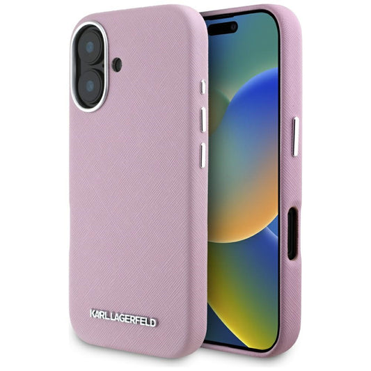 Etui MagSafe dla Apple iPhone 16, Karl Lagerfeld, Saffiano Full Wrapped Elongated Metal Logo, Różowy