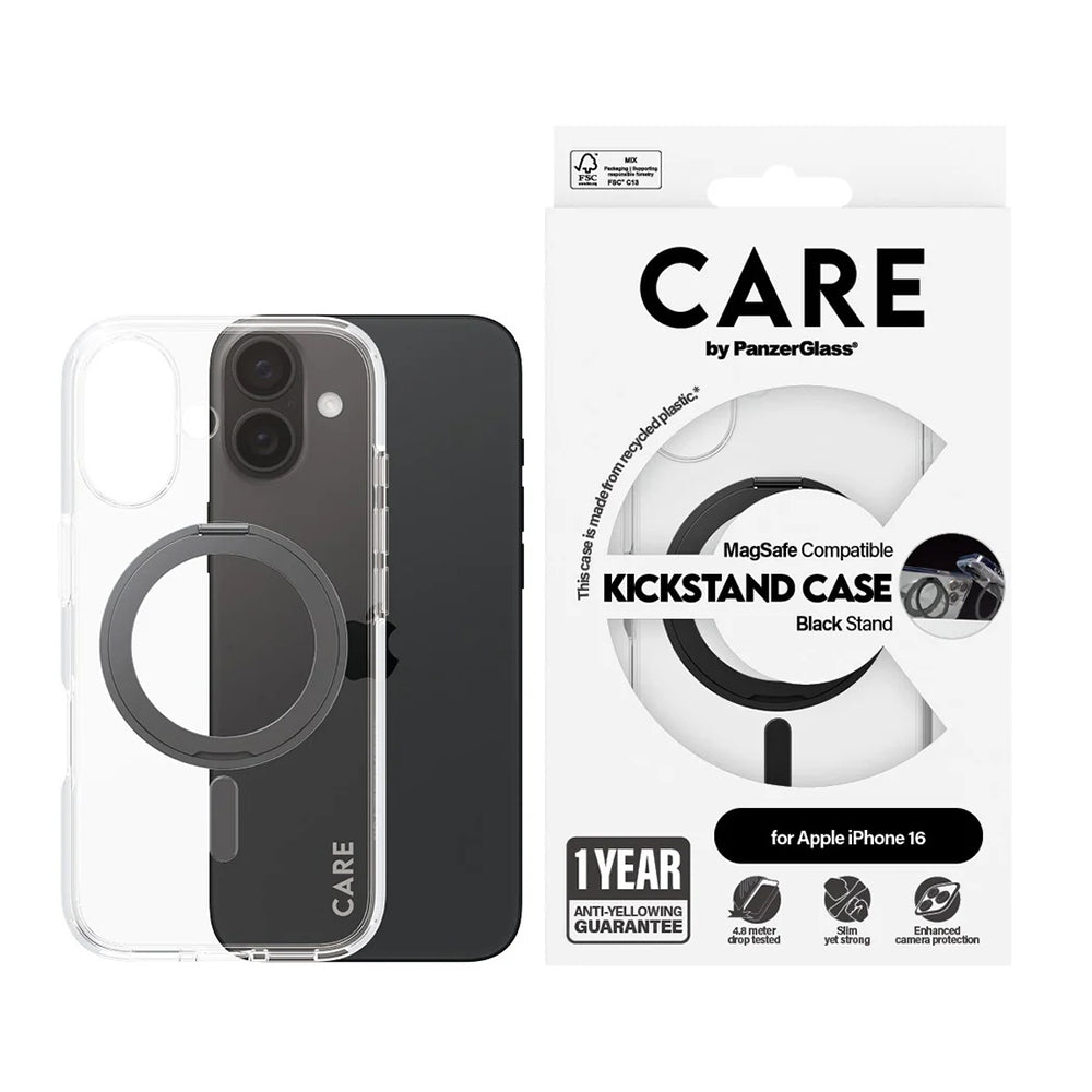 Etui MagSafe dla Apple iPhone 16, PanzerGlass, z funkcją podstawki, Czarne Przezroczyste