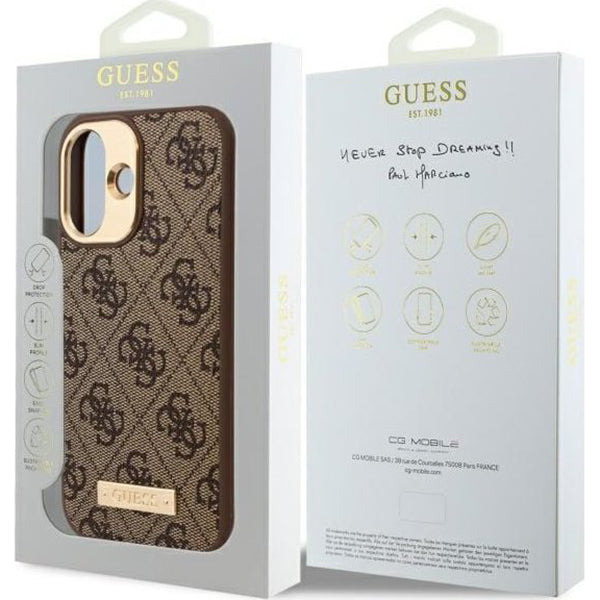 Etui MagSafe dla Apple iPhone 16 Plus, Guess, 4G Logo Plate, Brązowy