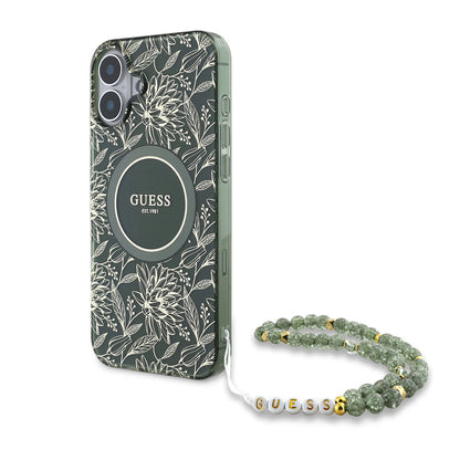 Etui MagSafe dla Apple iPhone 16 Plus, Guess, IML Flowers Allover Electroplated with Pearl Strap, Zielony