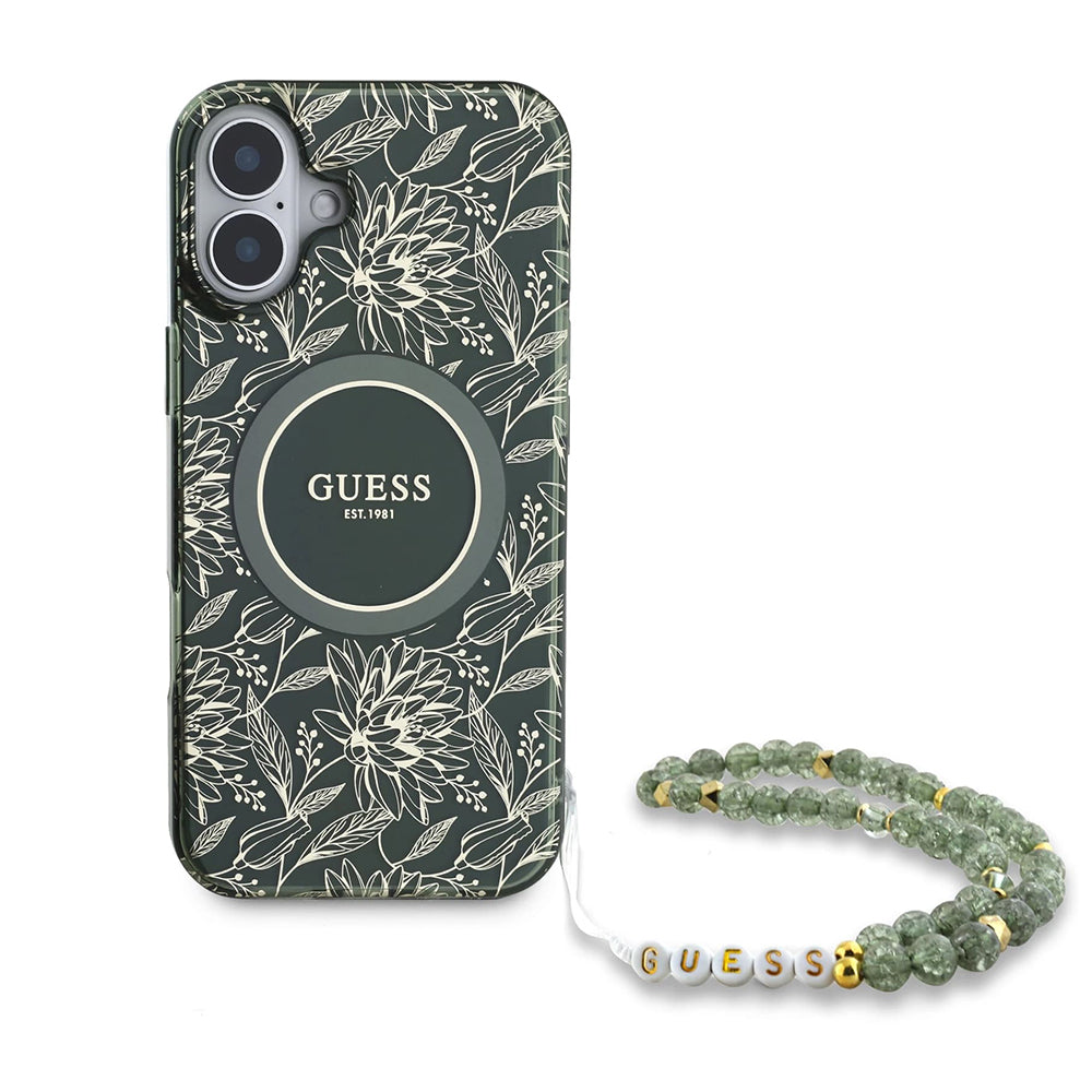 Etui MagSafe dla Apple iPhone 16 Plus, Guess, IML Flowers Allover Electroplated with Pearl Strap, Zielony