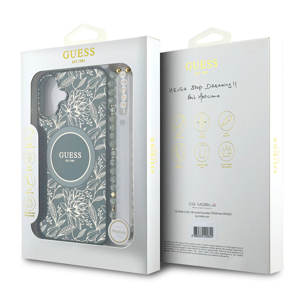 Etui MagSafe dla Apple iPhone 16 Plus, Guess, IML Flowers Allover Electroplated with Pearl Strap, Zielony