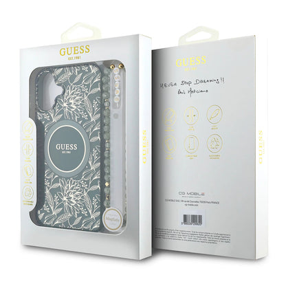 Etui MagSafe dla Apple iPhone 16 Plus, Guess, IML Flowers Allover Electroplated with Pearl Strap, Zielony
