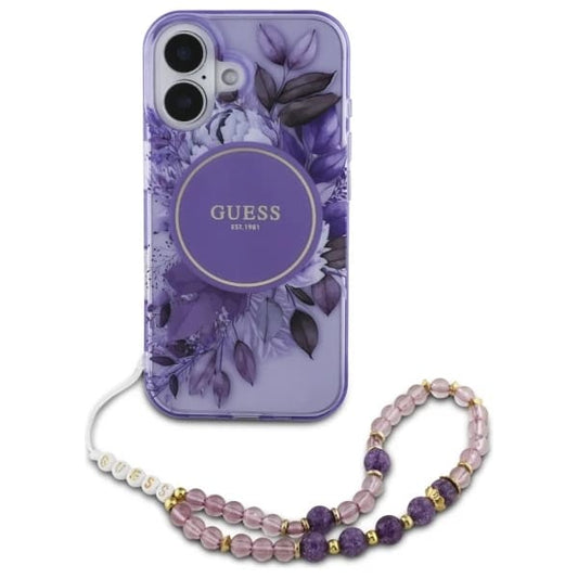 Etui MagSafe dla Apple iPhone 16 Plus, Guess, IML Flowers with Pearl Strap, Fioletowy