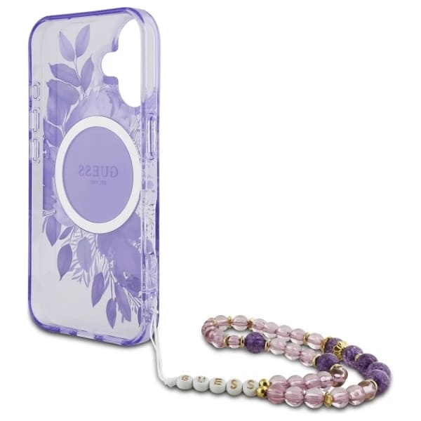 MagSafe Case for Apple iPhone 16 Plus, Guess, IML Flowers with Pearl Strap, Purple