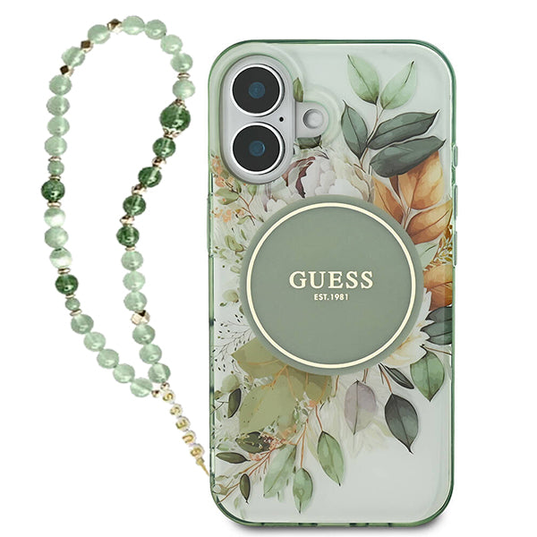 Etui MagSafe dla Apple iPhone 16 Plus, Guess, IML Flowers with Pearl Strap, Zielony