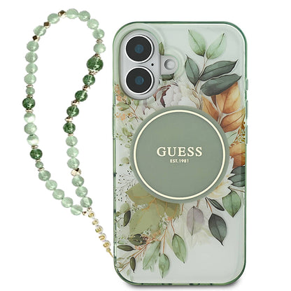 Etui MagSafe dla Apple iPhone 16 Plus, Guess, IML Flowers with Pearl Strap, Zielony
