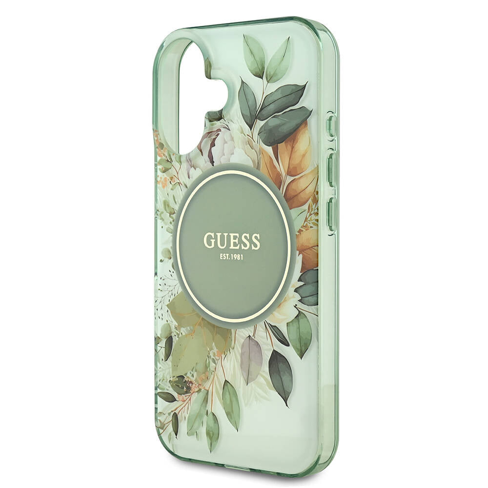 Etui MagSafe dla Apple iPhone 16 Plus, Guess, IML Flowers with Pearl Strap, Zielony