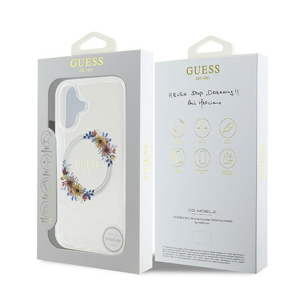 Etui MagSafe dla Apple iPhone 16 Plus, Guess, IML Flowers Wreath, Przezroczyste