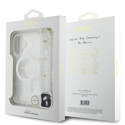 Etui MagSafe dla Apple iPhone 16 Plus, Guess, IML Glitter with Pearl Strap, Przezroczyste