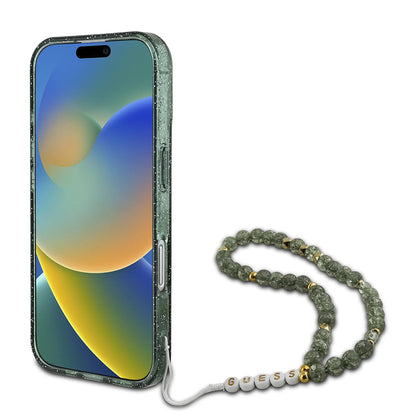 Etui MagSafe dla Apple iPhone 16 Plus, Guess, IML Glitter with Pearl Strap, Zielony