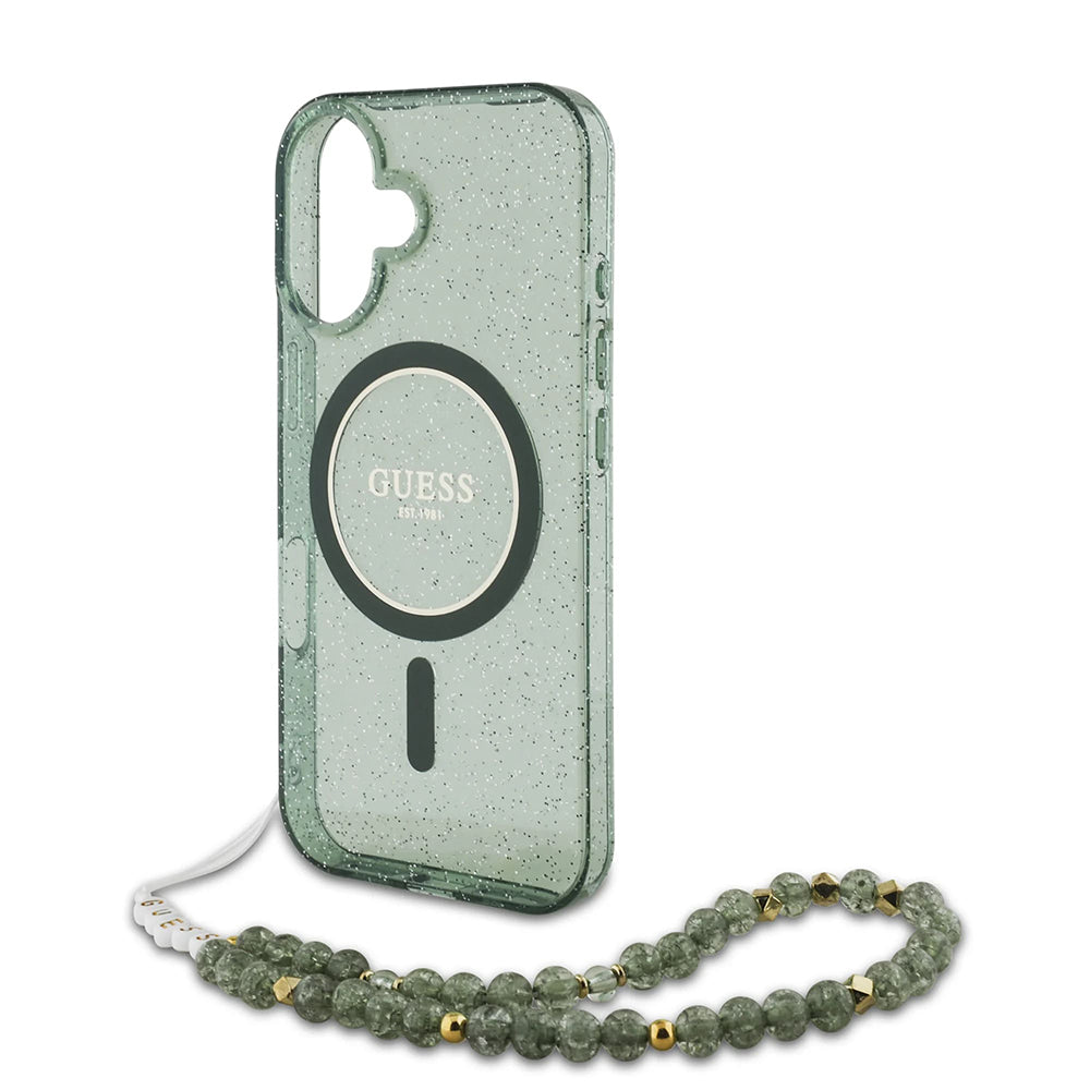 Etui MagSafe dla Apple iPhone 16 Plus, Guess, IML Glitter with Pearl Strap, Zielony