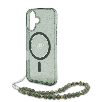Etui MagSafe dla Apple iPhone 16 Plus, Guess, IML Glitter with Pearl Strap, Zielony