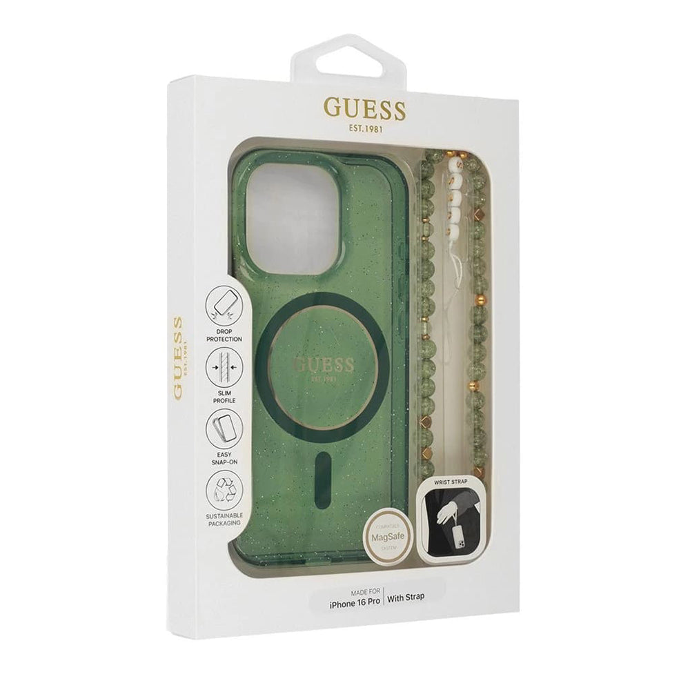 Etui MagSafe dla Apple iPhone 16 Plus, Guess, IML Glitter with Pearl Strap, Zielony