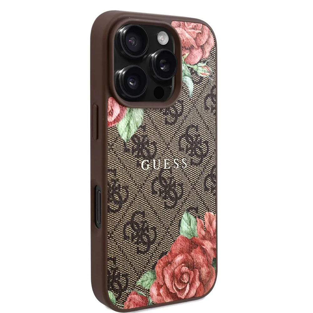 Etui MagSafe dla Apple iPhone 16 Pro, Guess, 4G Flowers Print, Brązowy