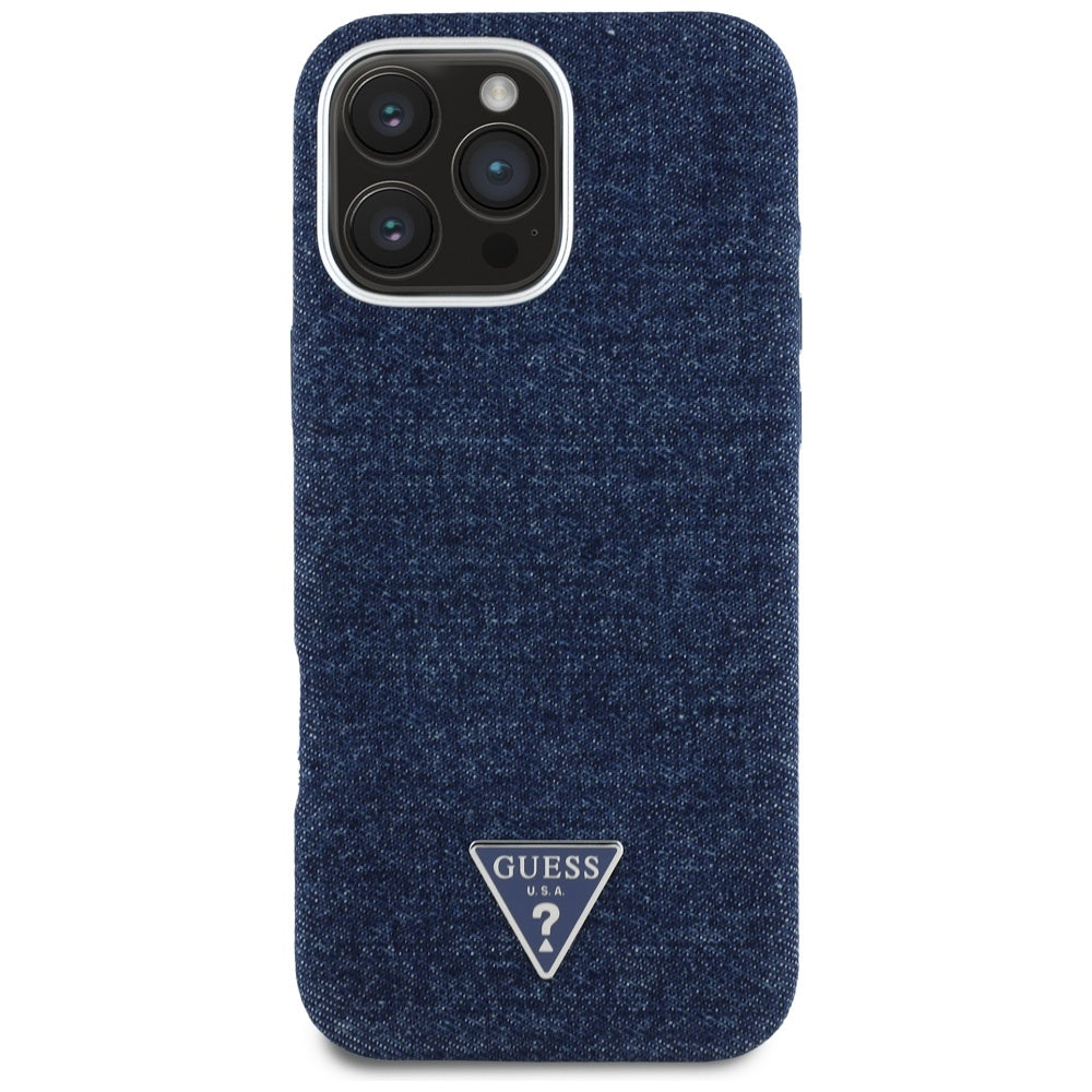 Etui MagSafe dla Apple iPhone 16 Pro, Guess, Denim Triangle Logo, Niebieskie