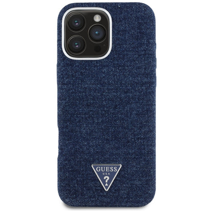 Etui MagSafe dla Apple iPhone 16 Pro, Guess, Denim Triangle Logo, Niebieskie
