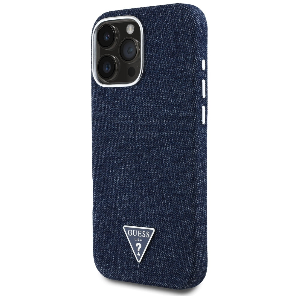 Etui MagSafe dla Apple iPhone 16 Pro, Guess, Denim Triangle Logo, Niebieskie