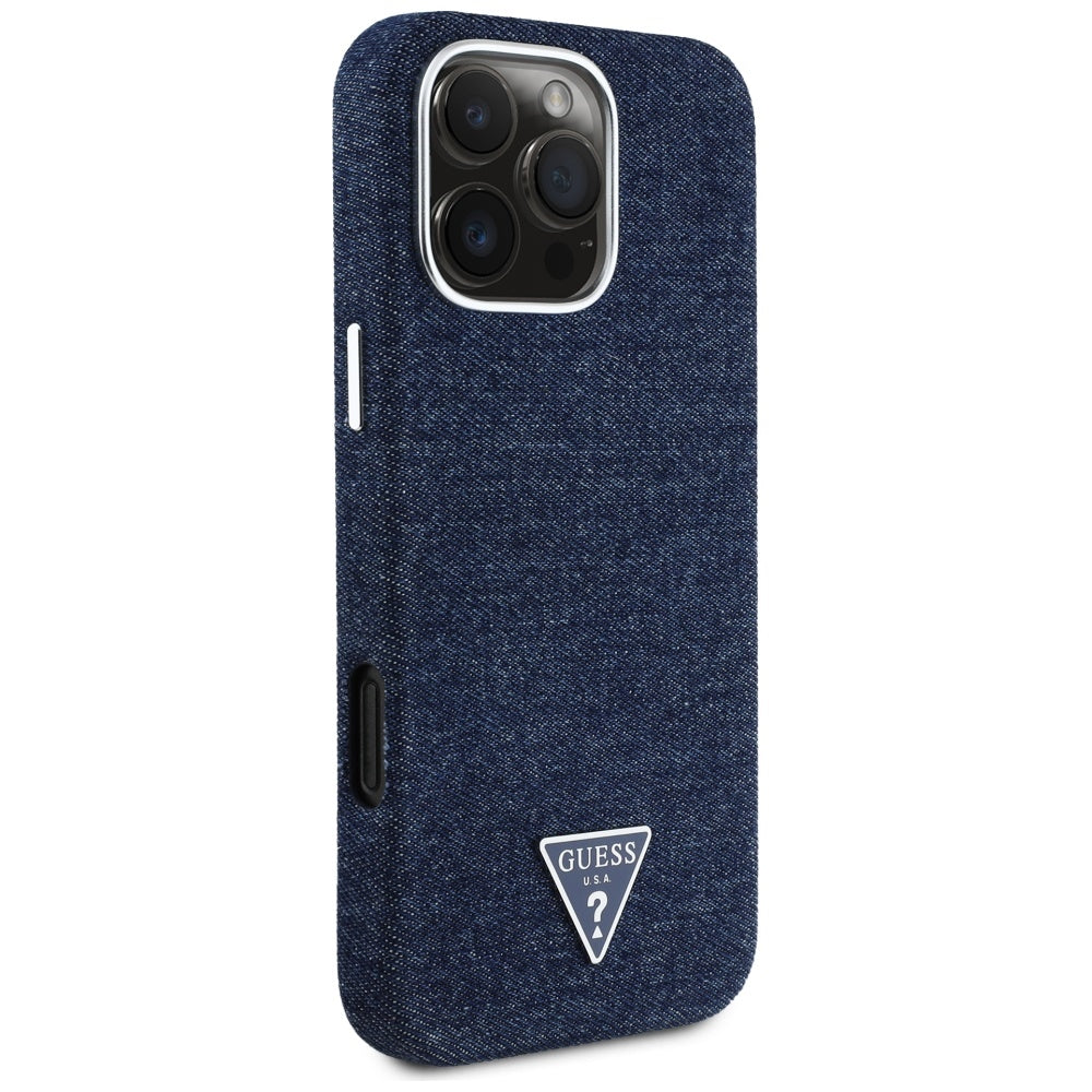 Etui MagSafe dla Apple iPhone 16 Pro, Guess, Denim Triangle Logo, Niebieskie