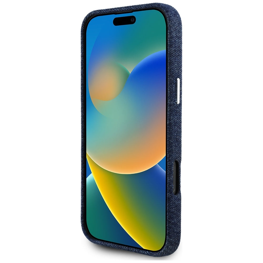 Etui MagSafe dla Apple iPhone 16 Pro, Guess, Denim Triangle Logo, Niebieskie