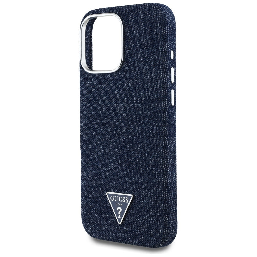 Etui MagSafe dla Apple iPhone 16 Pro, Guess, Denim Triangle Logo, Niebieskie