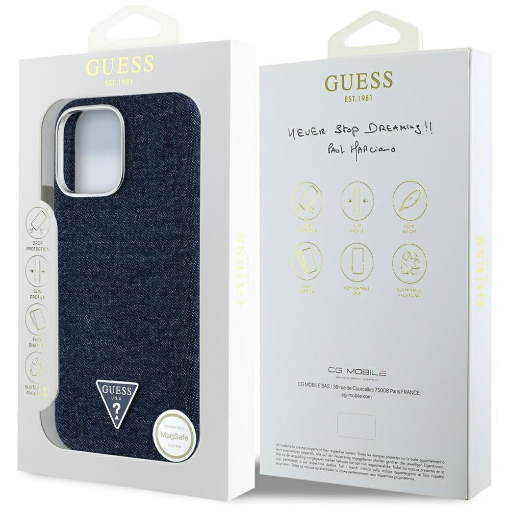 Etui MagSafe dla Apple iPhone 16 Pro, Guess, Denim Triangle Logo, Niebieskie