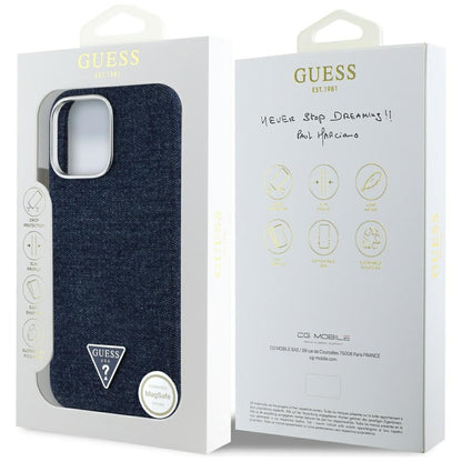 Etui MagSafe dla Apple iPhone 16 Pro, Guess, Denim Triangle Logo, Niebieskie