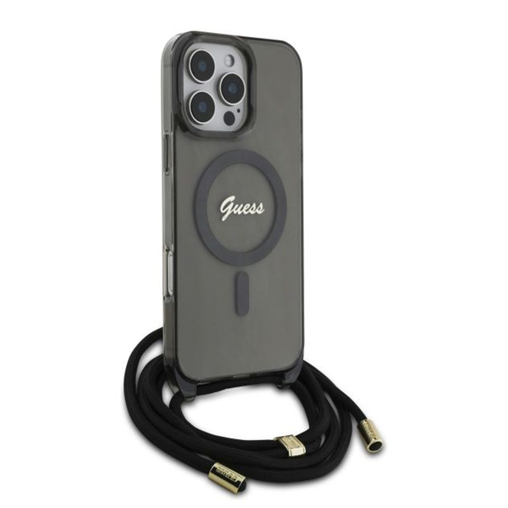 Etui MagSafe dla Apple iPhone 16 Pro, Guess, IML Crossbody Cord Script, Czarne