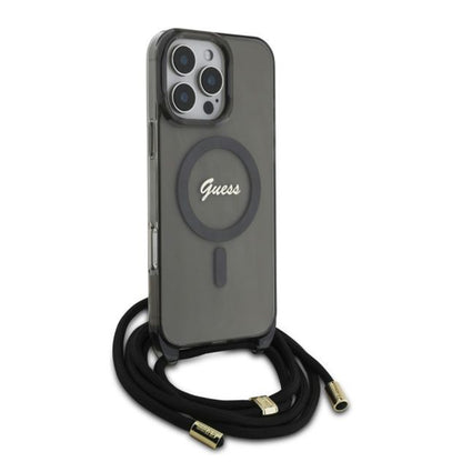 Etui MagSafe dla Apple iPhone 16 Pro, Guess, IML Crossbody Cord Script, Czarne