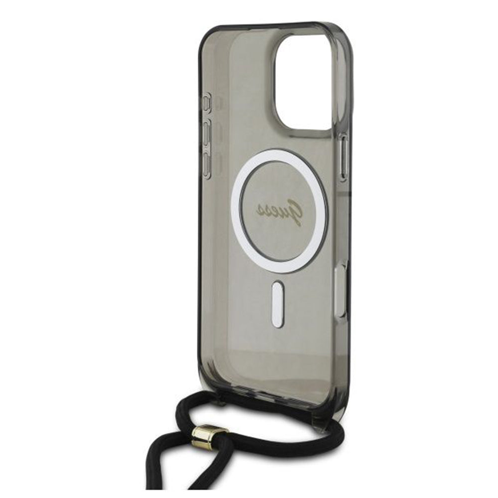 Etui MagSafe dla Apple iPhone 16 Pro, Guess, IML Crossbody Cord Script, Czarne