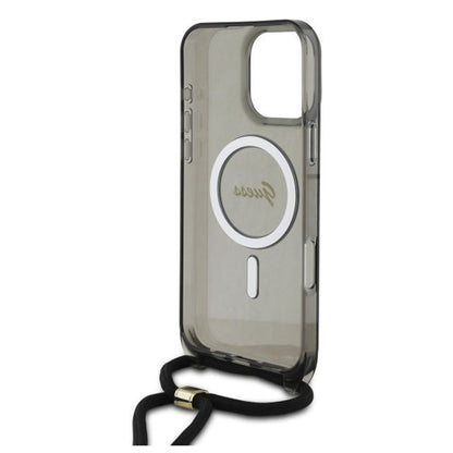 Etui MagSafe dla Apple iPhone 16 Pro, Guess, IML Crossbody Cord Script, Czarne