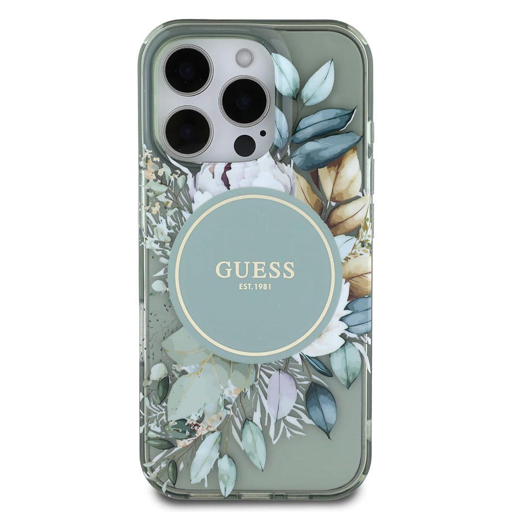 Etui MagSafe dla Apple iPhone 16 Pro, Guess, IML Flower & Tonal Circle, Zielony