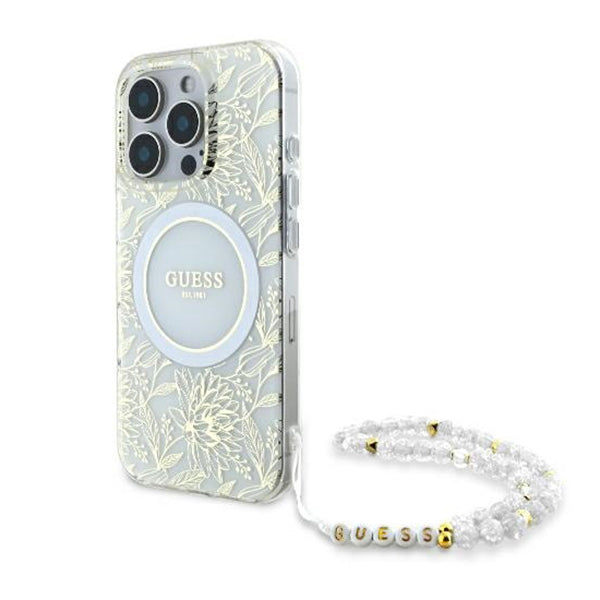 Etui MagSafe dla Apple iPhone 16 Pro, Guess, IML Flowers Allover Electroplated with Pearl Strap, Białe