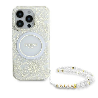 Etui MagSafe dla Apple iPhone 16 Pro, Guess, IML Flowers Allover Electroplated with Pearl Strap, Białe