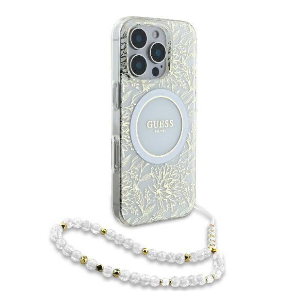 Etui MagSafe dla Apple iPhone 16 Pro, Guess, IML Flowers Allover Electroplated with Pearl Strap, Białe