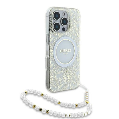 Etui MagSafe dla Apple iPhone 16 Pro, Guess, IML Flowers Allover Electroplated with Pearl Strap, Białe
