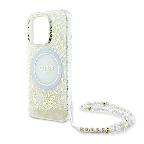 Etui MagSafe dla Apple iPhone 16 Pro, Guess, IML Flowers Allover Electroplated with Pearl Strap, Białe
