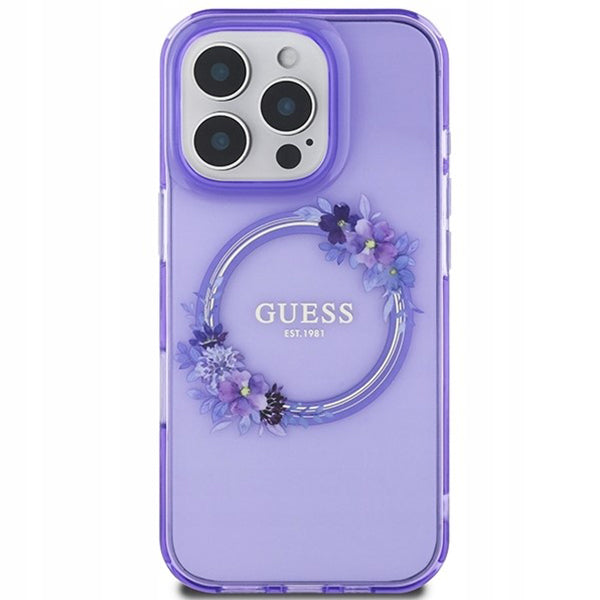 MagSafe Case for Apple iPhone 16 Pro, Guess, IML Flowers Wreath, Purple