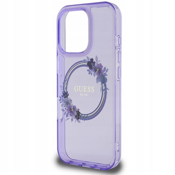 MagSafe Case for Apple iPhone 16 Pro, Guess, IML Flowers Wreath, Purple
