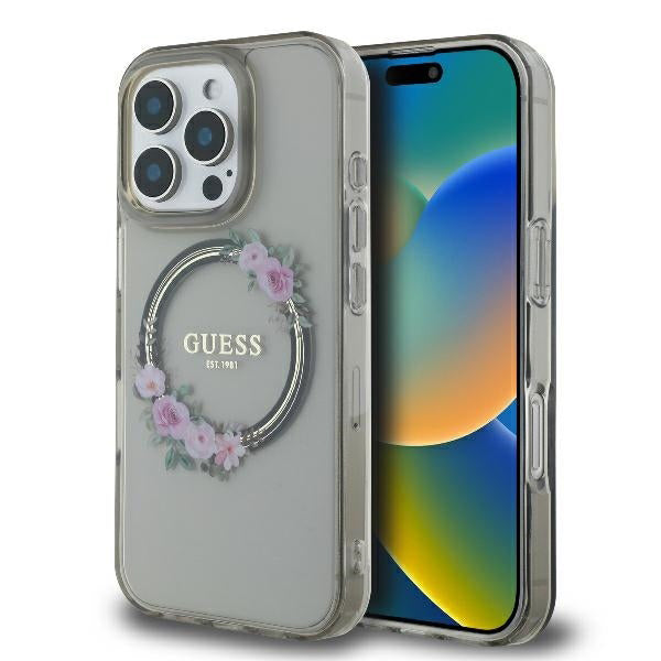 Etui MagSafe dla Apple iPhone 16 Pro, Guess, IML Flowers Wreath, Czarne