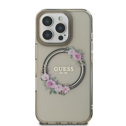 Etui MagSafe dla Apple iPhone 16 Pro, Guess, IML Flowers Wreath, Czarne