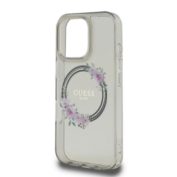 Etui MagSafe dla Apple iPhone 16 Pro, Guess, IML Flowers Wreath, Czarne