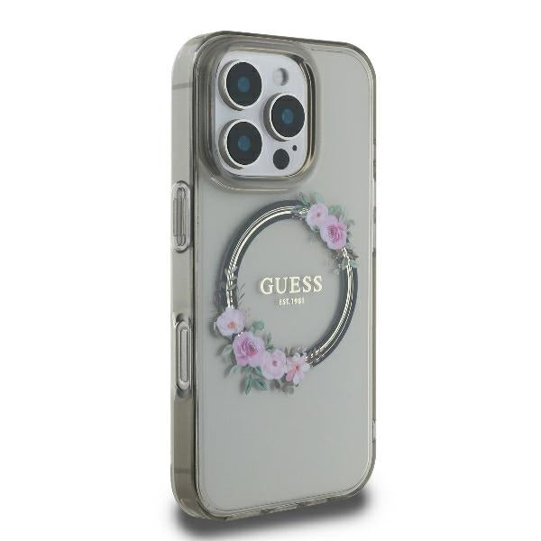 Etui MagSafe dla Apple iPhone 16 Pro, Guess, IML Flowers Wreath, Czarne