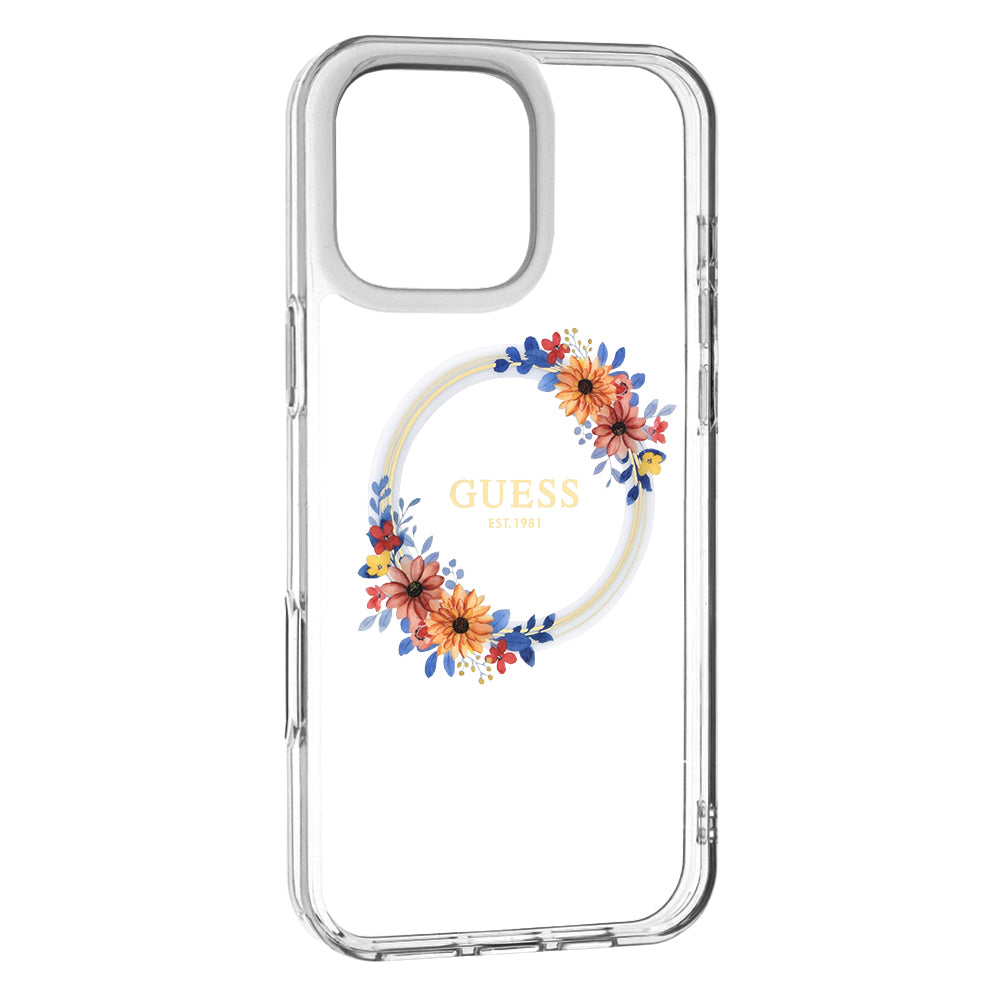 MagSafe Case for Apple iPhone 16 Pro, Guess, IML Flowers Wreath, Transparent