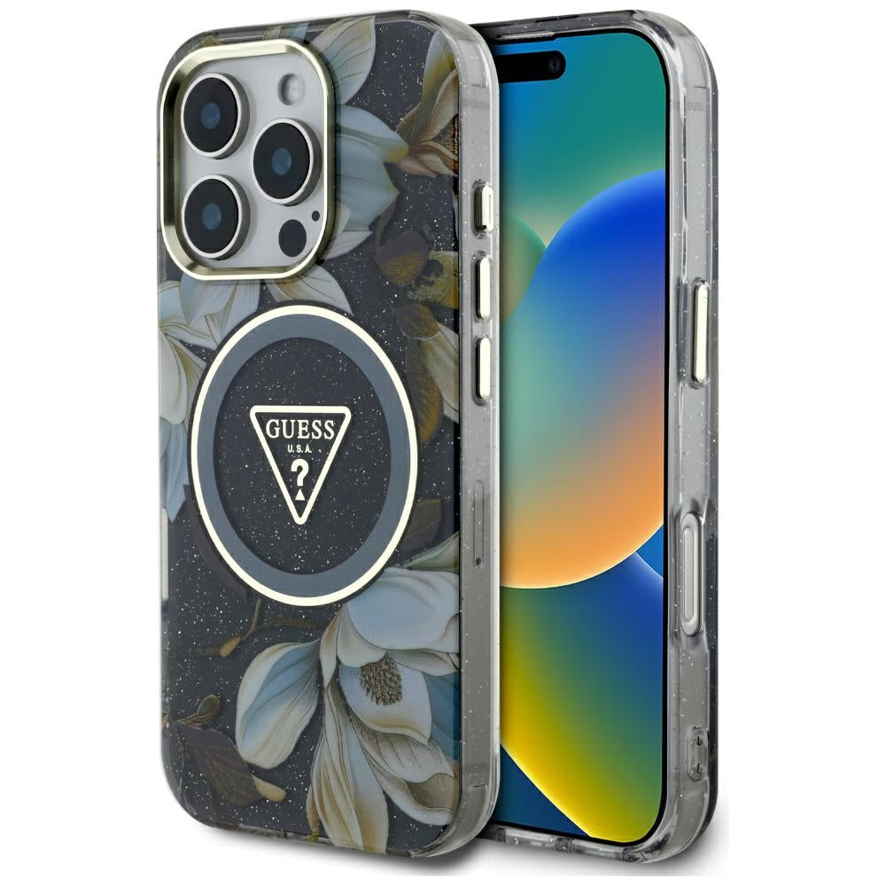 Etui MagSafe dla Apple iPhone 16 Pro, Guess, IML Metal Glitter Flowers Triangle, Czarne