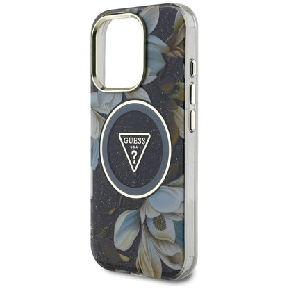 Etui MagSafe dla Apple iPhone 16 Pro, Guess, IML Metal Glitter Flowers Triangle, Czarne