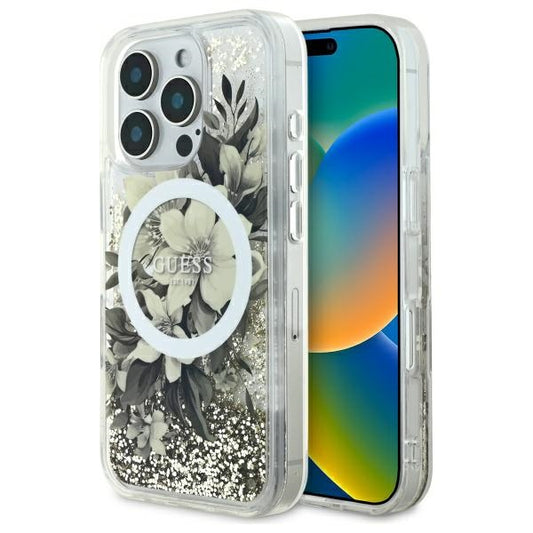 Etui MagSafe dla Apple iPhone 16 Pro, Guess, Liquid Glitter Flower, Beżowy