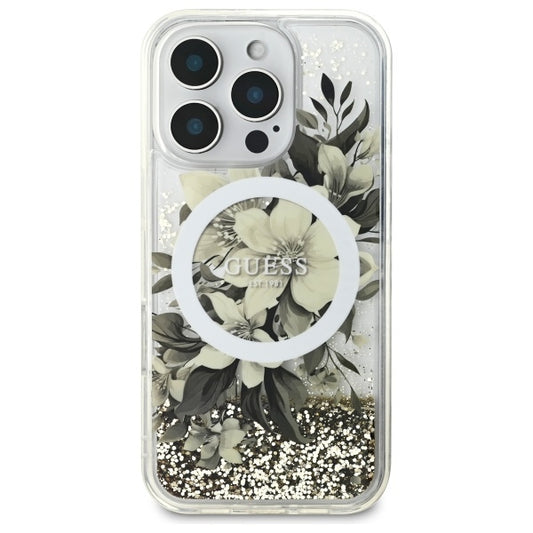 Etui MagSafe dla Apple iPhone 16 Pro, Guess, Liquid Glitter Flower, Beżowy